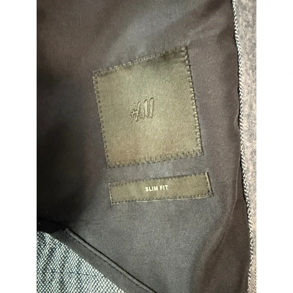 HM Slim Fit Blazer Light Blue Textured Sport Coat Brown Elbow Patches Mens
